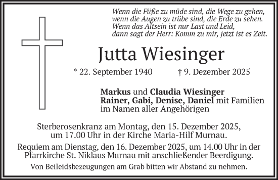 Traueranzeige von Jutta Wiesinger von merkurtz