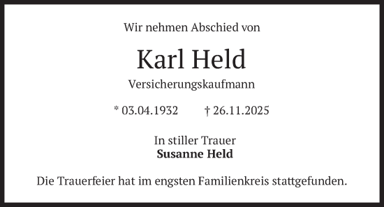 Traueranzeige von Karl Held von merkurtz