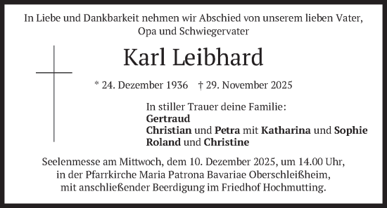 Traueranzeige von Karl Leibhard von merkurtz