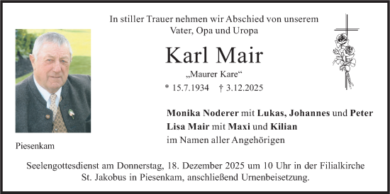 Traueranzeige von Karl Mair von merkurtz