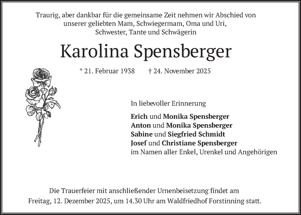  Traueranzeige für Karolina Spensberger vom 06.12.2025 aus merkurtz