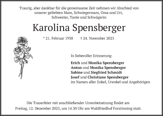 Traueranzeige von Karolina Spensberger von merkurtz