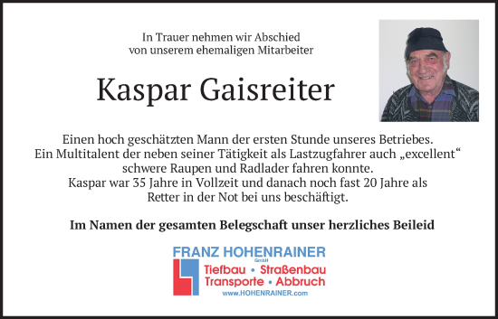 Traueranzeige von Kaspar Gaisreiter von merkurtz
