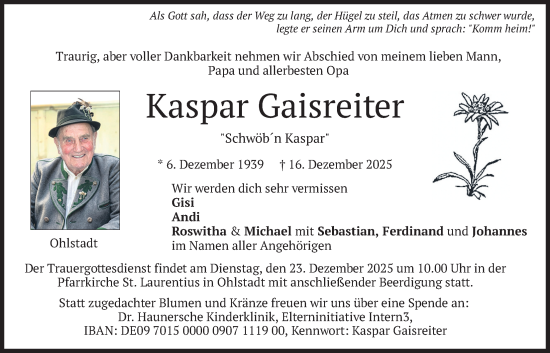 Traueranzeige von Kaspar Gaisreiter von merkurtz