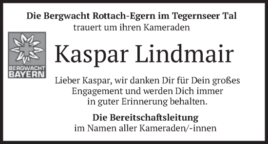 Traueranzeige von Kaspar Lindmair von merkurtz