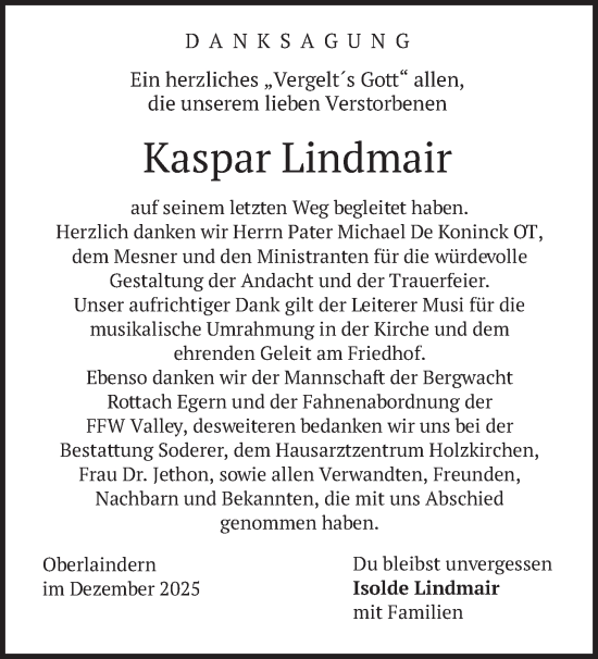 Traueranzeige von Kaspar Lindmair von merkurtz