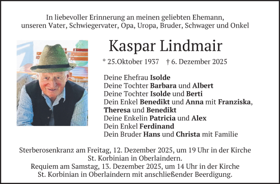 Traueranzeige von Kaspar Lindmair von merkurtz