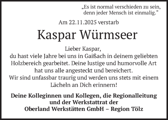 Traueranzeige von Kaspar Würmseer von merkurtz
