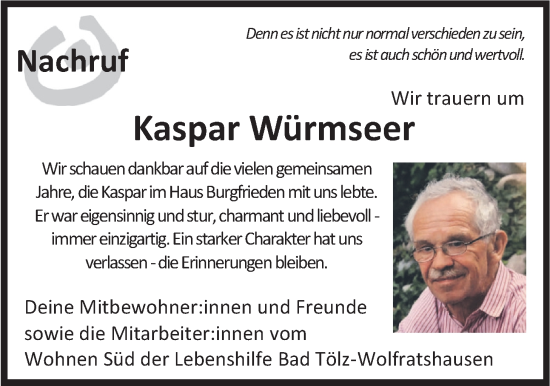 Traueranzeige von Kaspar Würmseer von merkurtz