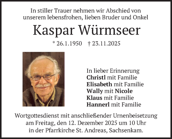 Traueranzeige von Kaspar Würmseer von merkurtz