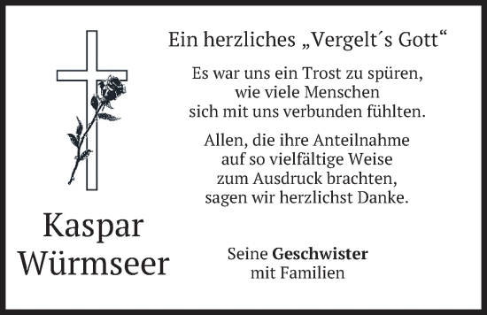 Traueranzeige von Kaspar Würmseer von merkurtz