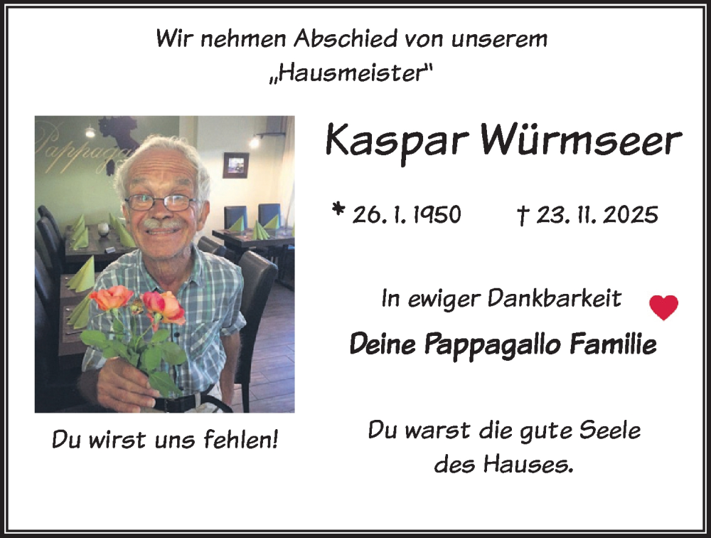  Traueranzeige für Kaspar Würmseer vom 09.12.2025 aus merkurtz