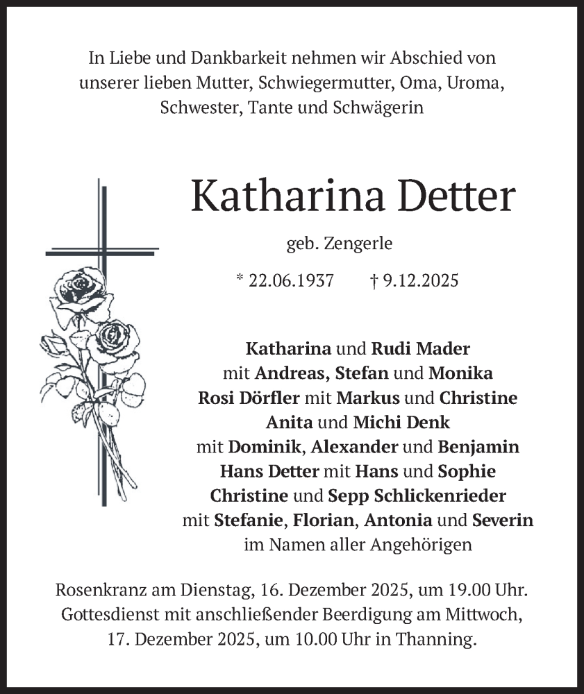  Traueranzeige für Katharina Detter vom 13.12.2025 aus merkurtz