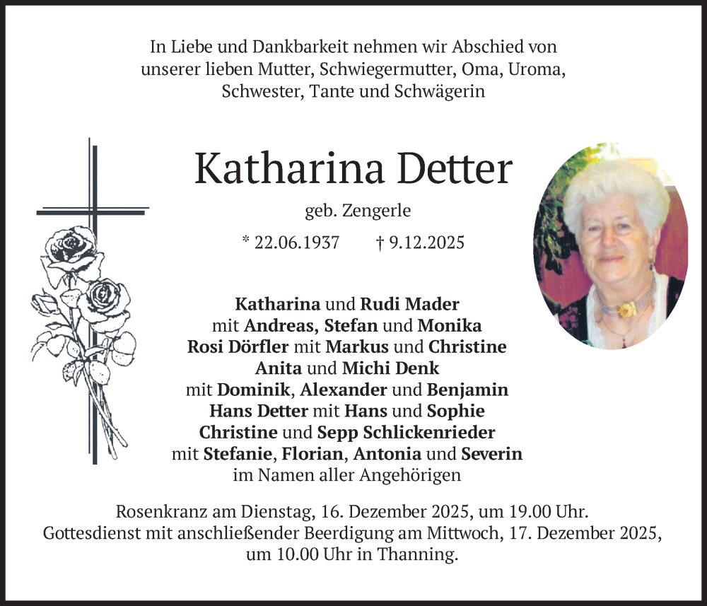  Traueranzeige für Katharina Detter vom 13.12.2025 aus merkurtz