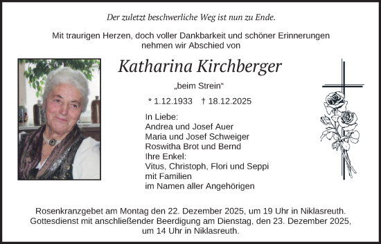 Traueranzeige von Katharina Kirchberger von merkurtz
