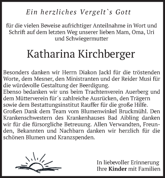 Traueranzeige von Katharina Kirchberger von merkurtz