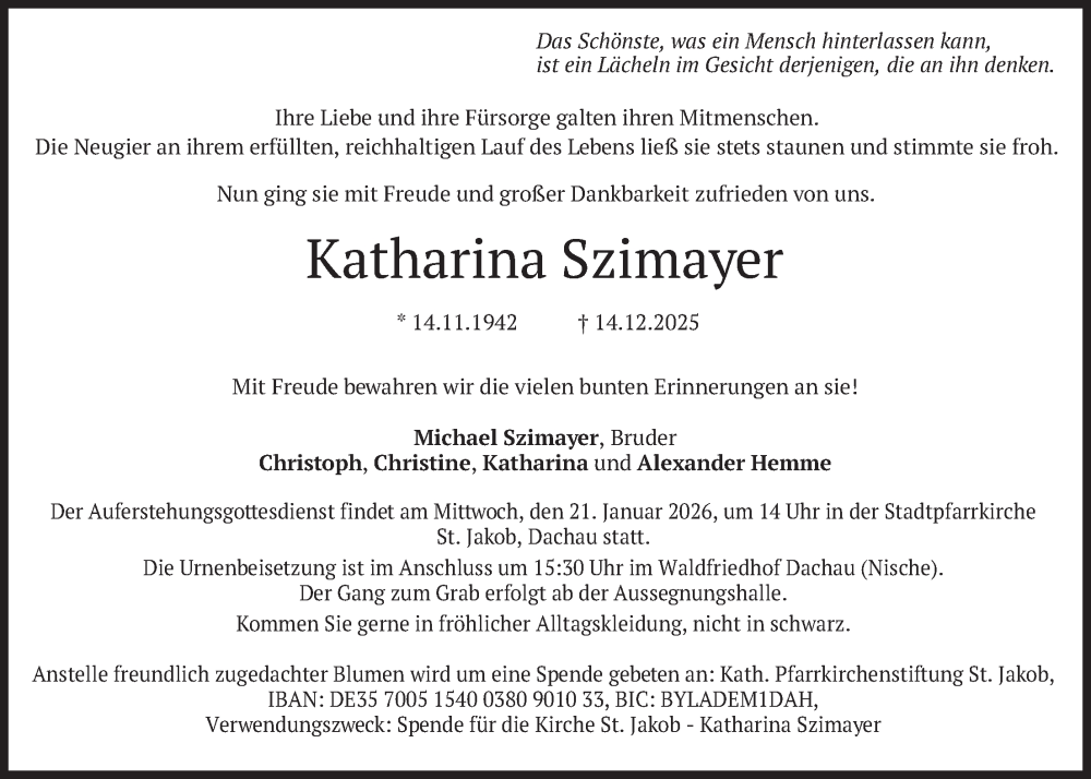  Traueranzeige für Katharina Szimayer vom 20.12.2025 aus merkurtz