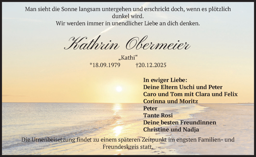 Traueranzeige für Kathrin Obermeier vom 27.12.2025 aus merkurtz