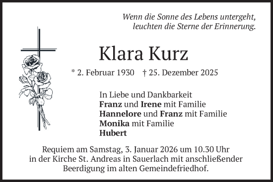 Traueranzeige von Klara Kurz von merkurtz