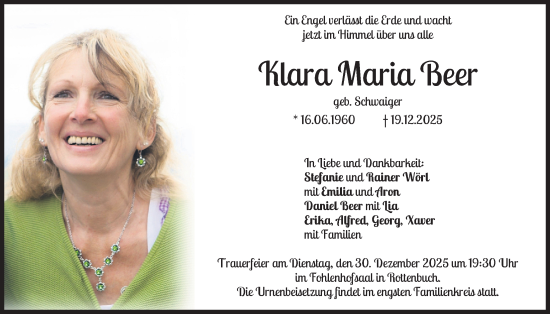 Traueranzeige von Klara Maria Beer von merkurtz