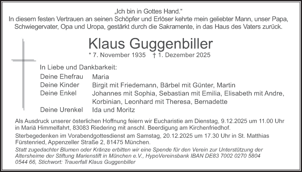  Traueranzeige für Klaus Guggenbiller vom 06.12.2025 aus merkurtz