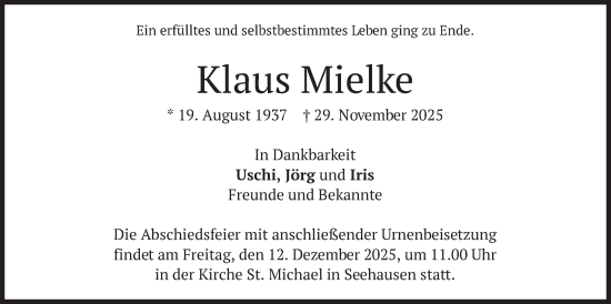 Traueranzeige von Klaus Mielke von merkurtz