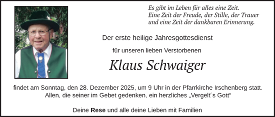 Traueranzeige von Klaus Schwaiger von merkurtz