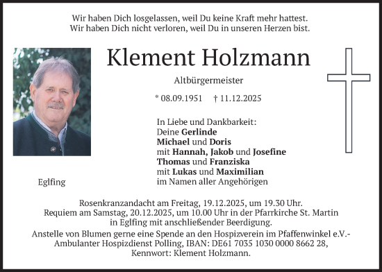 Traueranzeige von Klement Holzmann von merkurtz