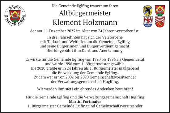 Traueranzeige von Klement Holzmann von merkurtz