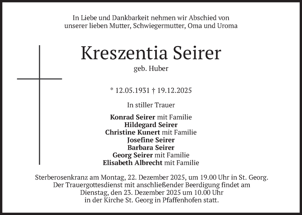  Traueranzeige für Kreszentia Seirer vom 20.12.2025 aus merkurtz