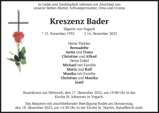 Traueranzeige von Kreszenz Bader von merkurtz