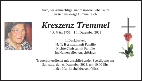 Traueranzeige von Kreszenz Tremmel von merkurtz