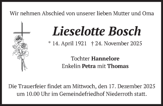Traueranzeige von Lieselotte Bosch von merkurtz