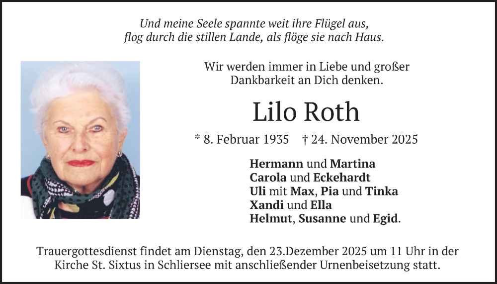  Traueranzeige für Lilo Roth vom 13.12.2025 aus merkurtz