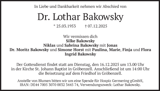 Traueranzeige von Lothar Bakowsky von merkurtz