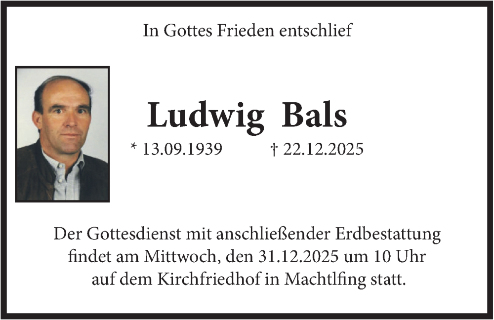  Traueranzeige für Ludwig Bals vom 30.12.2025 aus merkurtz