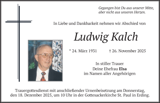 Traueranzeige von Ludwig Kalch von merkurtz