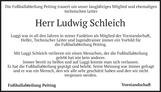 Traueranzeige von Ludwig Schleich von merkurtz