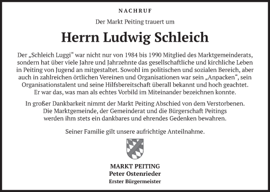 Traueranzeige von Ludwig Schleich von merkurtz