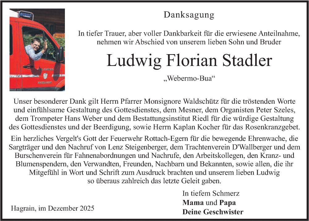  Traueranzeige für Ludwig Florian Stadler vom 06.12.2025 aus merkurtz