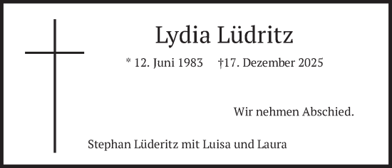 Traueranzeige von Lydia Lüderitz von merkurtz