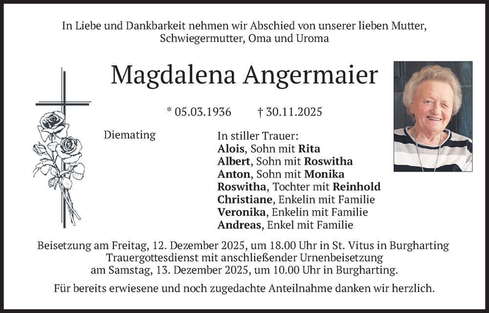  Traueranzeige für Magdalena Angermaier vom 09.12.2025 aus merkurtz