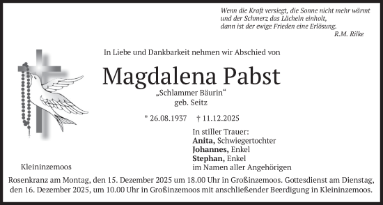 Traueranzeige von Magdalena Pabst von merkurtz