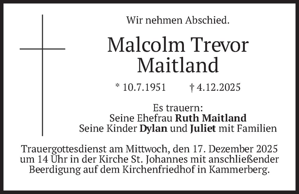  Traueranzeige für Malcolm Trevor Maitland vom 13.12.2025 aus merkurtz