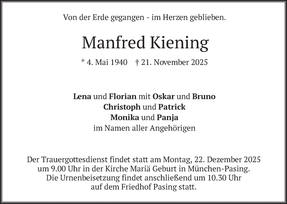  Traueranzeige für Manfred Kiening vom 06.12.2025 aus merkurtz