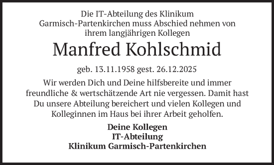 Traueranzeige von Manfred Kohlschmid von merkurtz