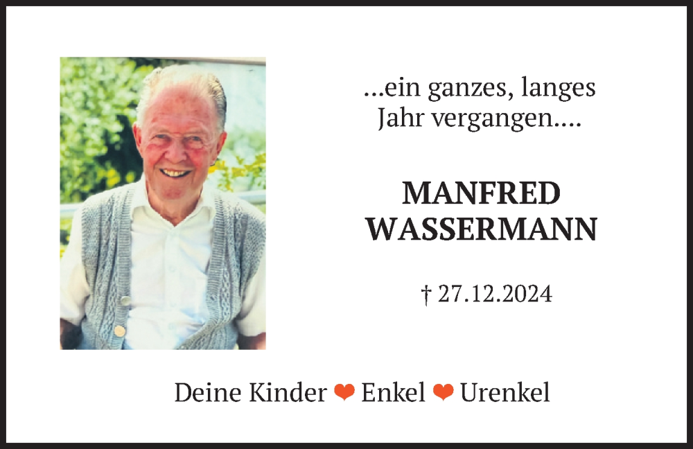  Traueranzeige für Manfred Wassermann vom 27.12.2025 aus merkurtz