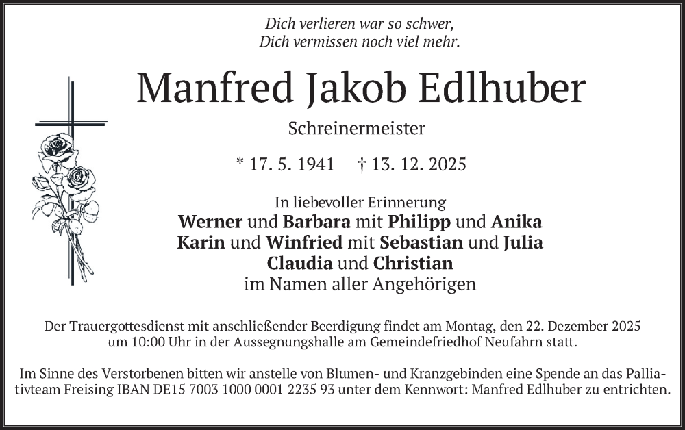  Traueranzeige für Manfred Jakob Edlhuber vom 18.12.2025 aus merkurtz