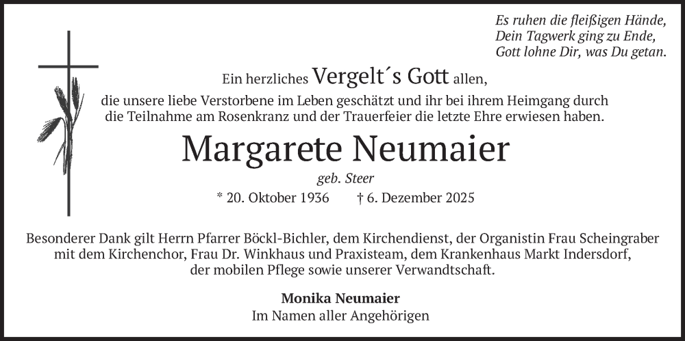  Traueranzeige für Margarete Neumaier vom 27.12.2025 aus merkurtz