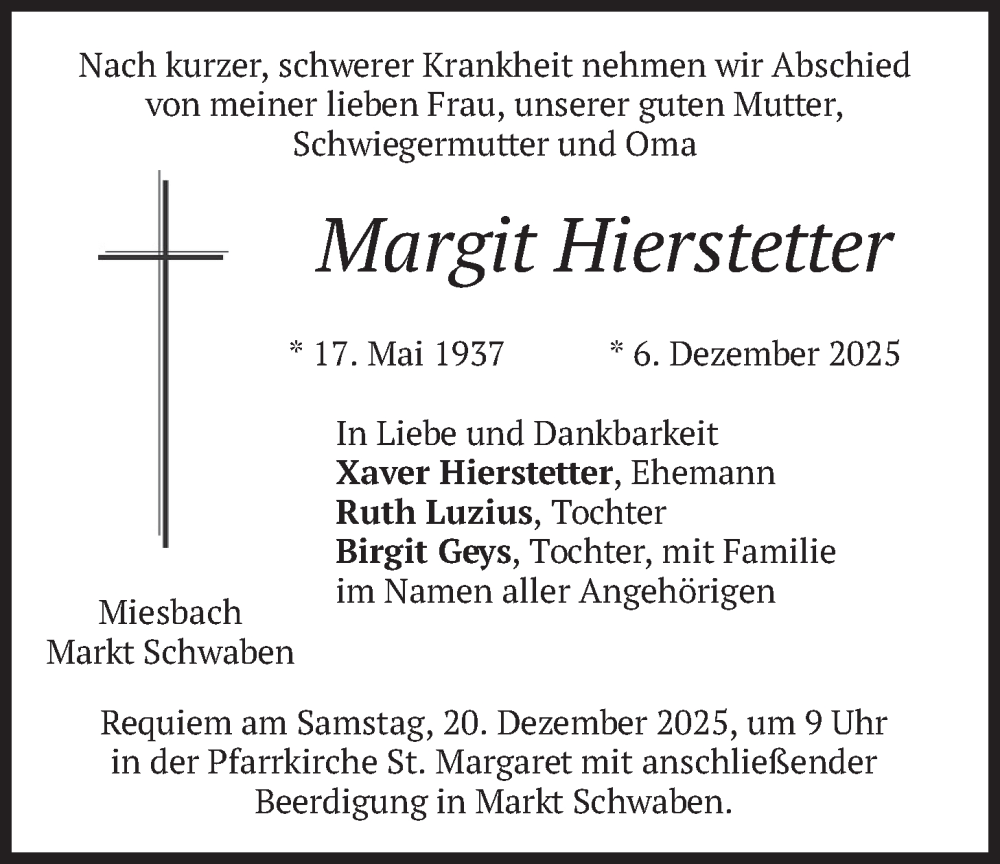  Traueranzeige für Margit Hierstetter vom 13.12.2025 aus merkurtz